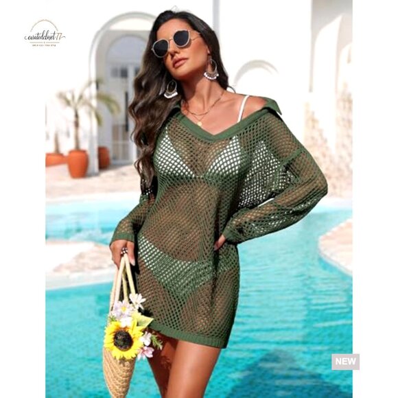 Crochet Swim Coverup Long Sleeve Loose Fit Polyester Beach Vacation Outfit - Picture 4 of 7